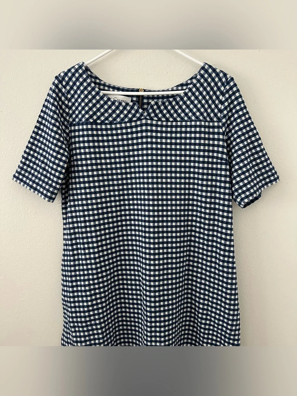 Sara Campbell Blue White Gingham Check Shift Dress Womens Size L Preppy Classic